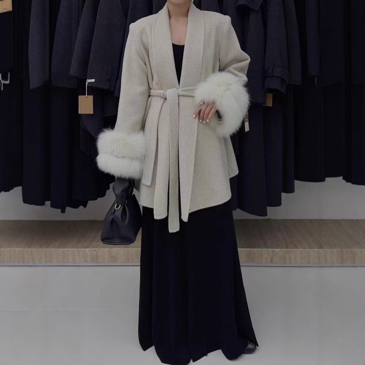 双层狐狸袖中长款高贵品质2025秋冬款双面羊毛大衣大翻领毛呢外套