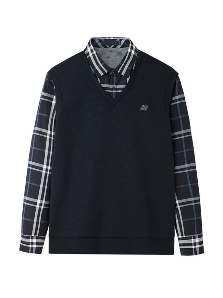 L582男款加绒假两件衬衣领针织衫柔软舒适冬季保暖商务休闲上衣