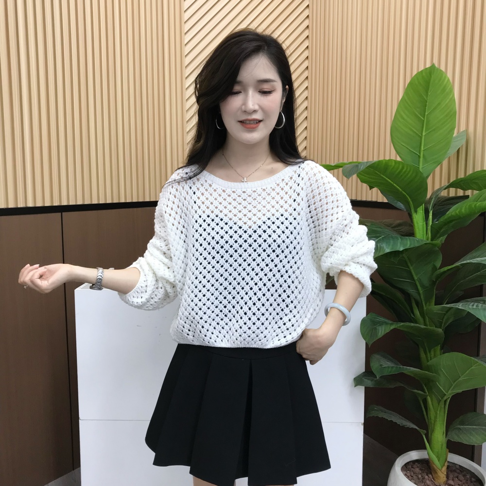 韩系镂空衫斜肩长袖薄款短款针织衫春夏新款时尚宽松显瘦防晒罩衫