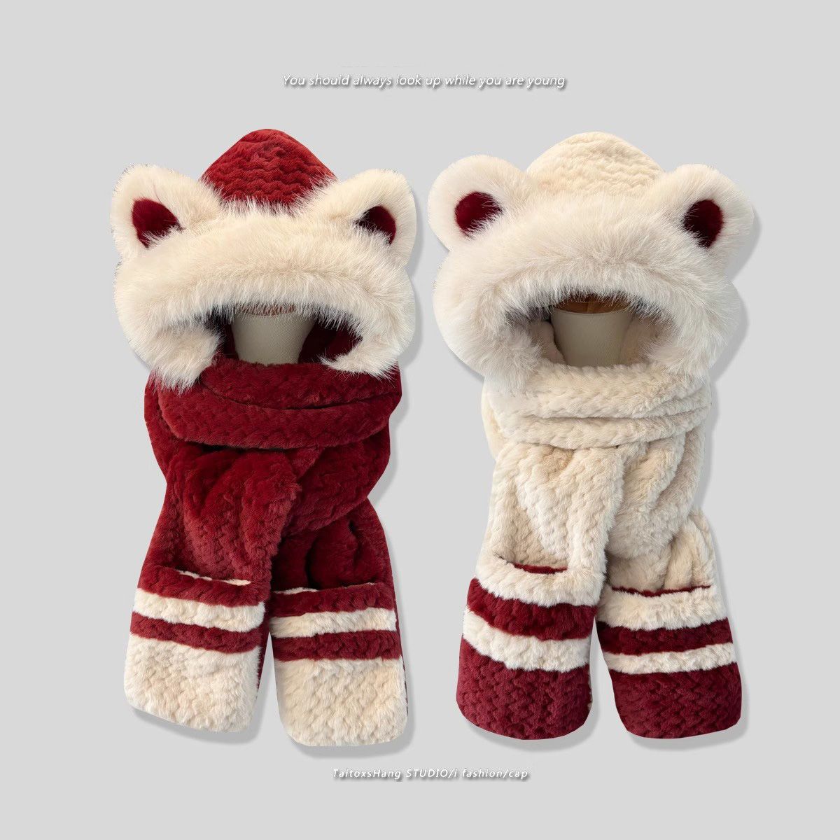 可爱小熊拼色毛绒帽子围巾手套一体女加绒加厚骑车护耳保暖雷锋Z
