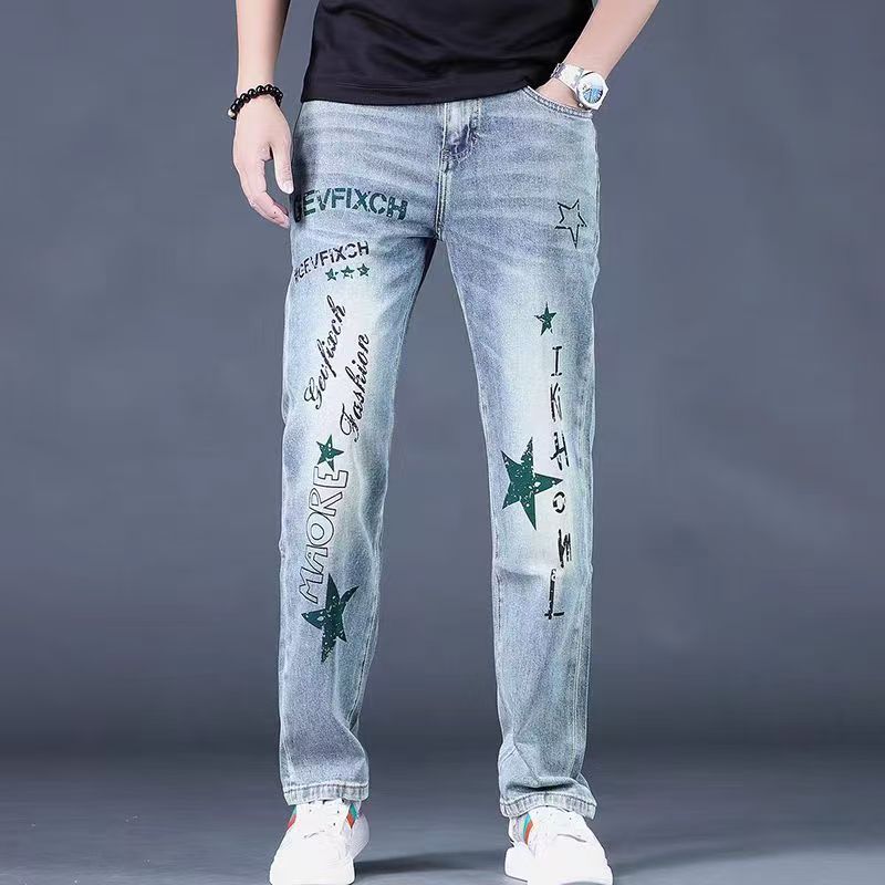阔腿裤新款106春夏蓝色印花弹力男士潮流牛仔裤个性时尚百搭薄款