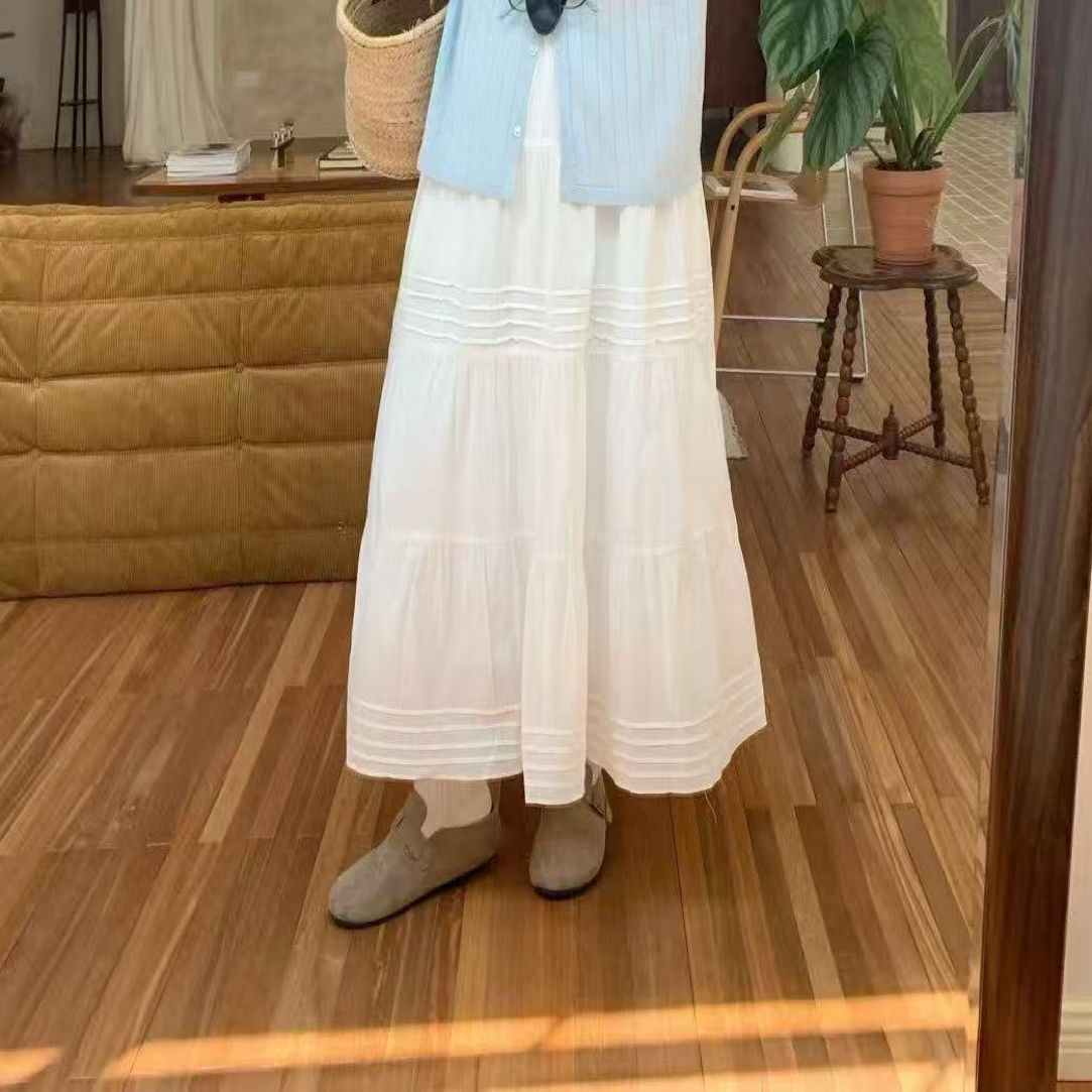 大码女装松紧腰中长款白色半身裙女百搭文艺裙子日系小个子休闲裙