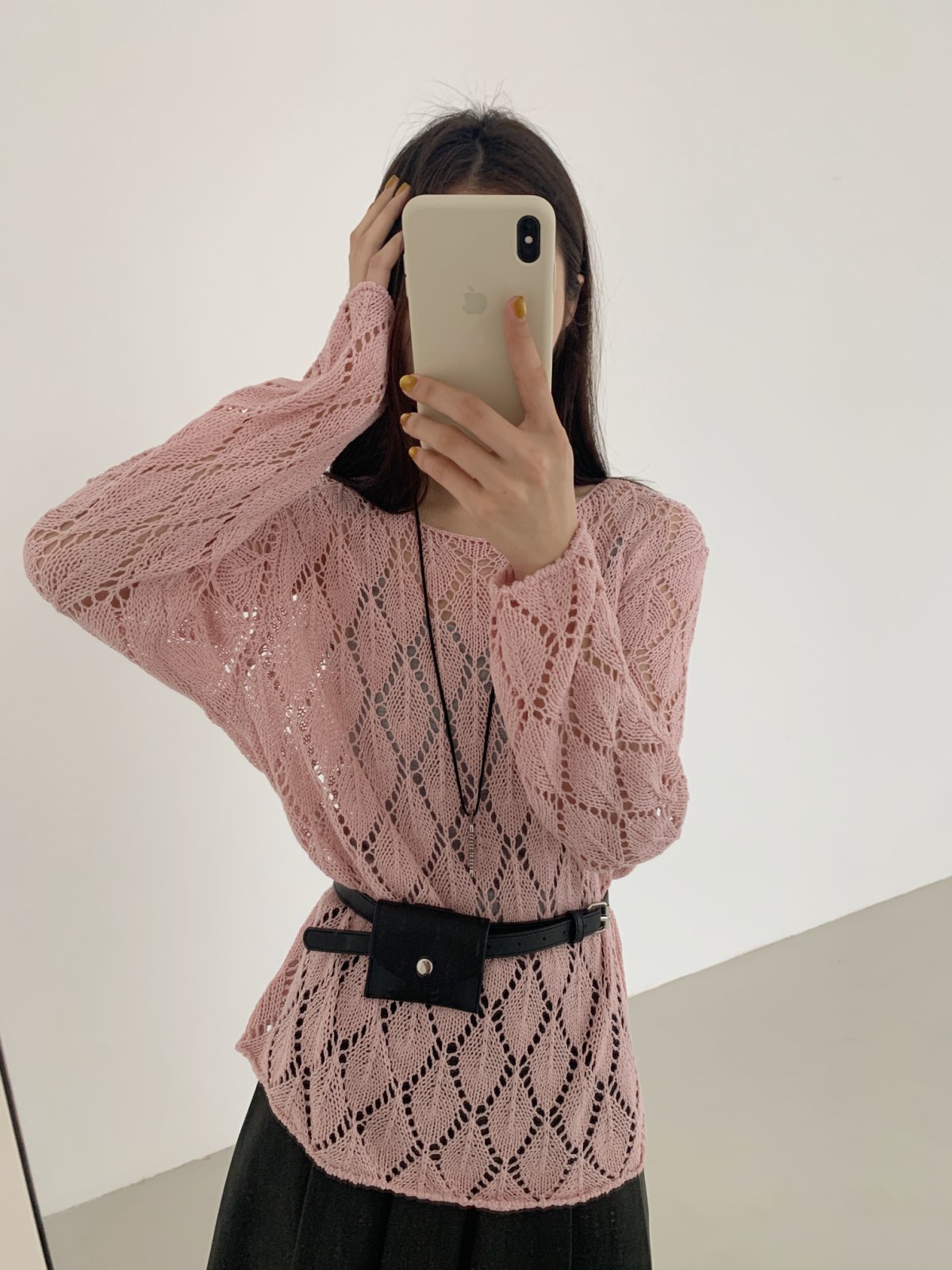 【素简.960192】春款上新天爽亚麻菱格镂空混纺针织衫（5.15福利）