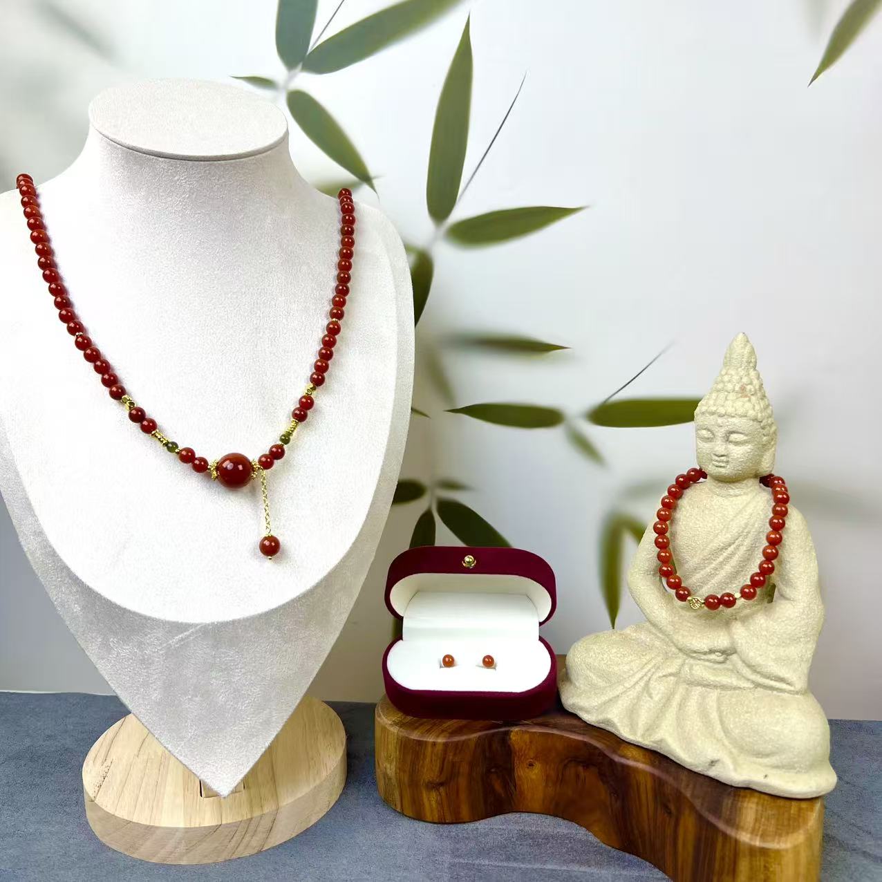 【B062-禧焰】南红玛瑙毛衣链手串耳钉一套精致大气简约古典中国风