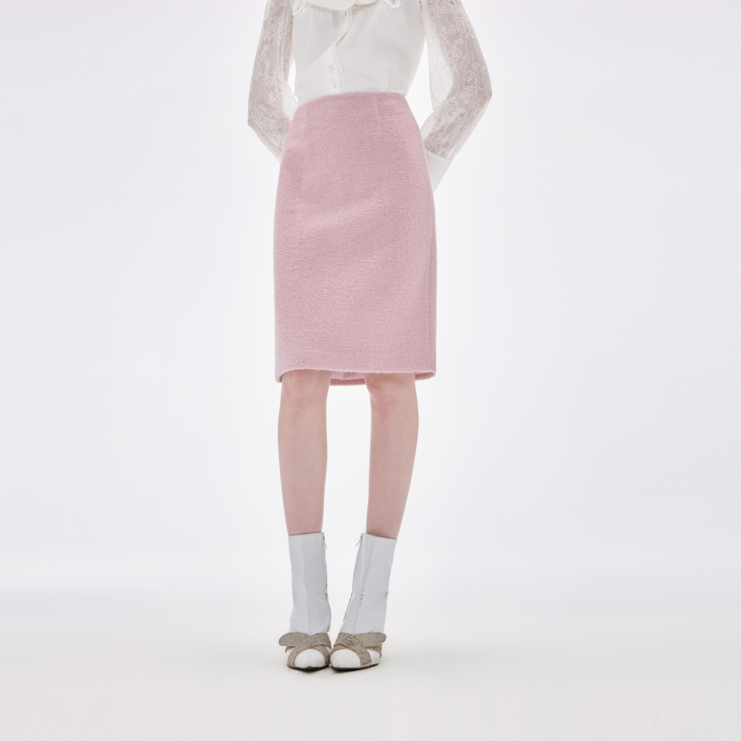 MISSCOCOON可可尼单面呢直筒裙女2025冬季新款粉色绵羊毛半身裙