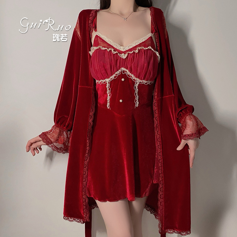 性感蕾丝甜美系带抹胸内裤纯欲轻奢冰丝浴袍舒适家居服套装配丝袜