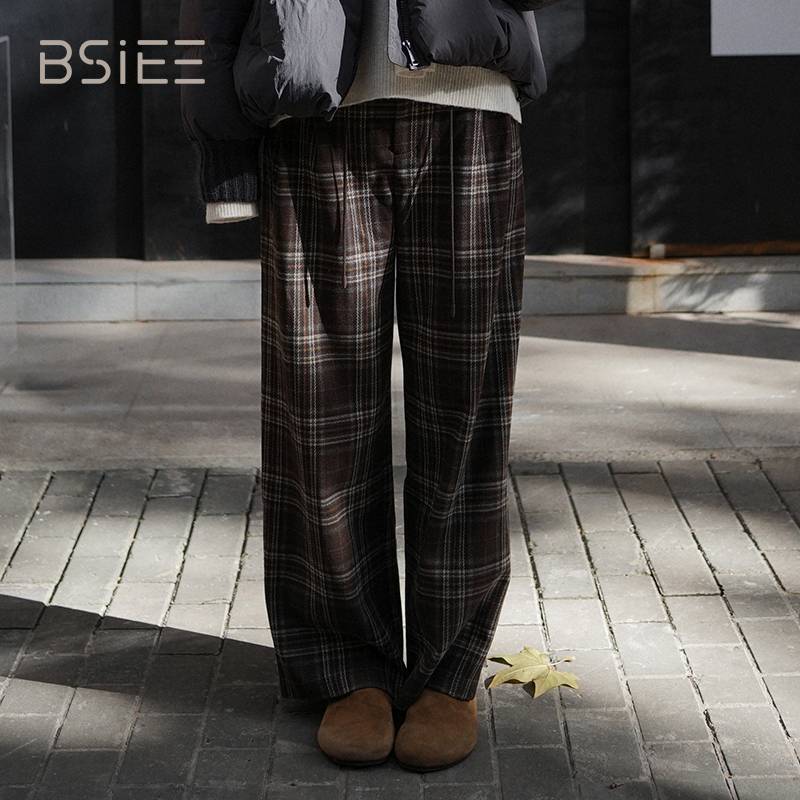 BSIEE本涩直筒裤复古外穿口袋格纹休闲裤潮流韩版宽松百搭秋冬