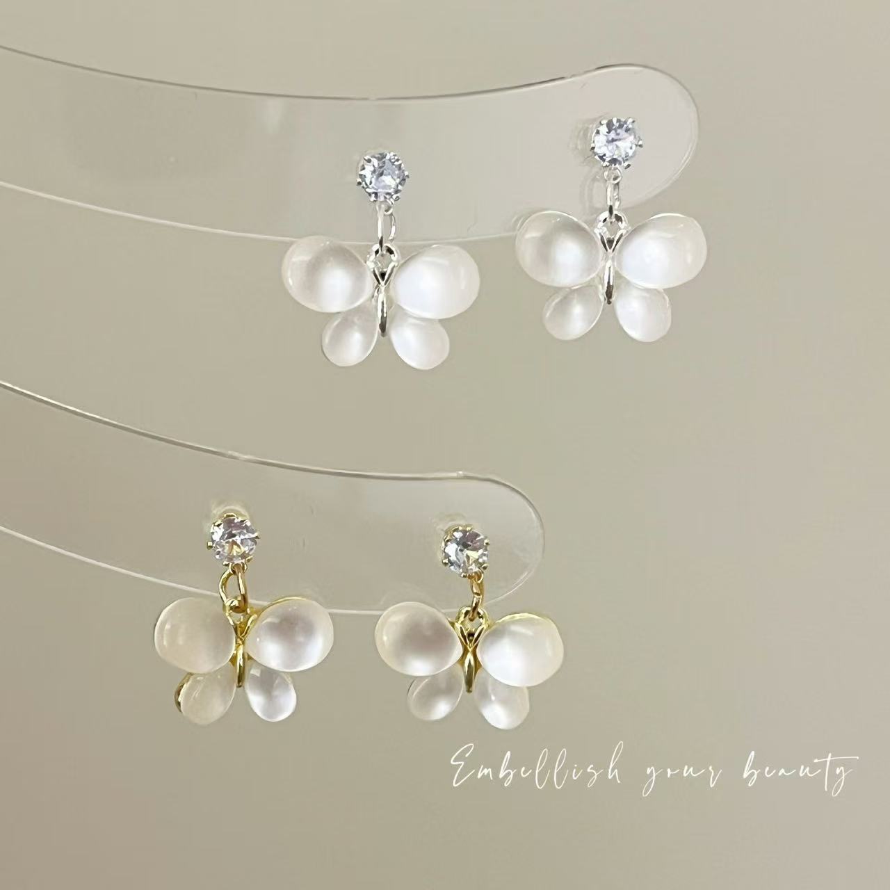 柒苒饰话 非金属仿水晶耳饰 锆石猫眼石蝴蝶耳钉女气质时尚高级感