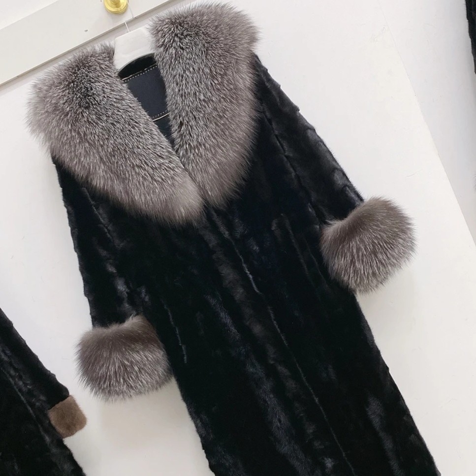 水貂毛长款皮草大衣银狐大毛领轻奢时尚气质女士高端v领长1米2长