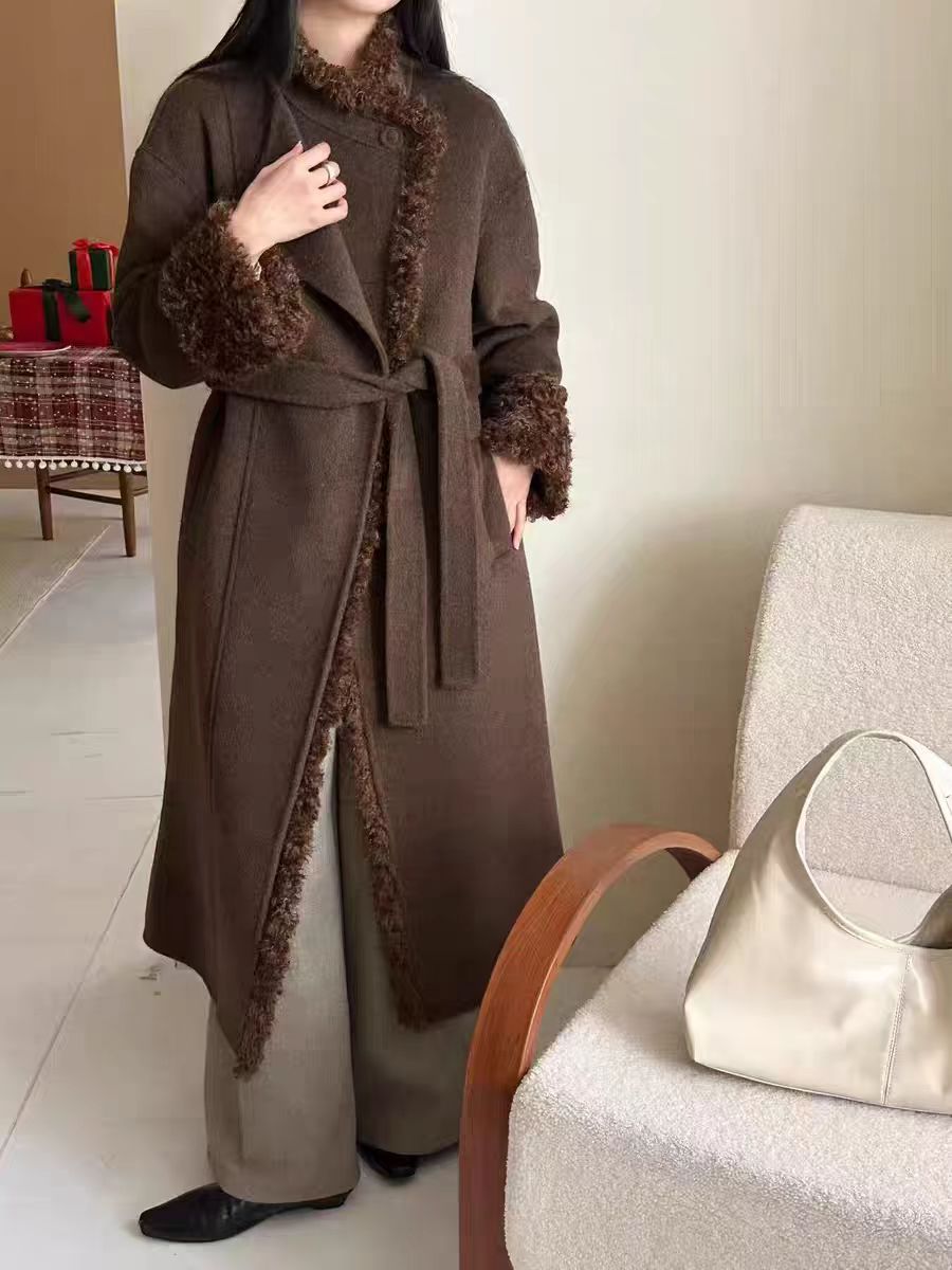 羊羔毛拼接双面羊绒大衣女2025冬季新款韩版宽松气质立领羊毛外套