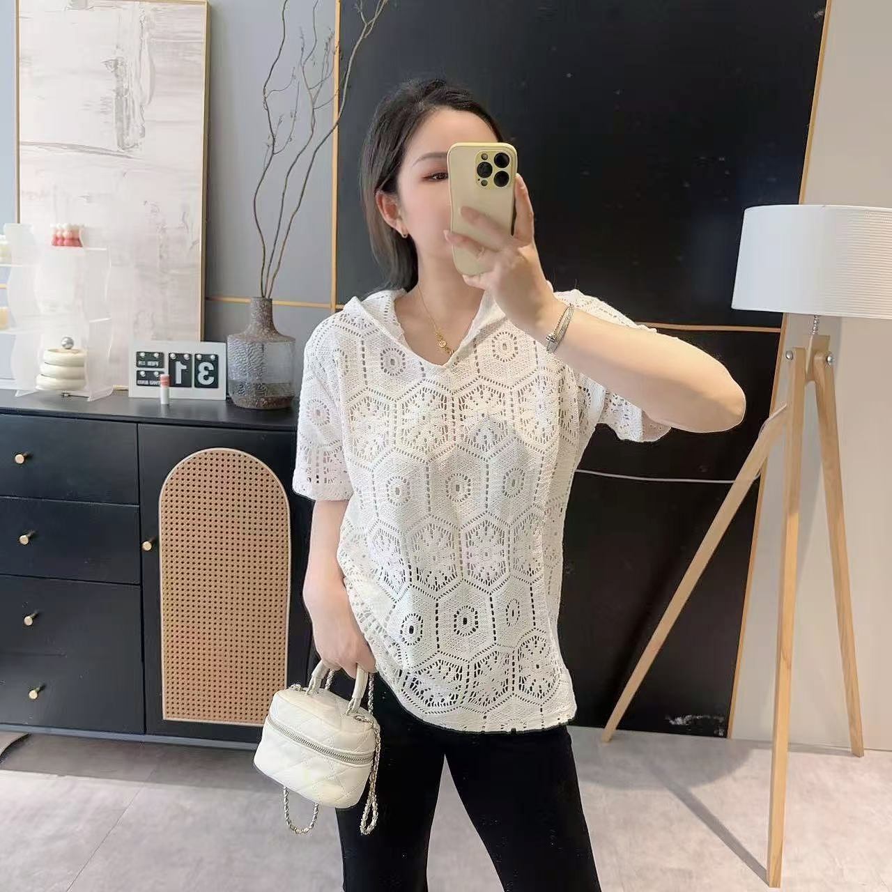 【欧加粒粒】2025夏季韩版时尚连帽镂空钩花宽松针织衫 XR250404011