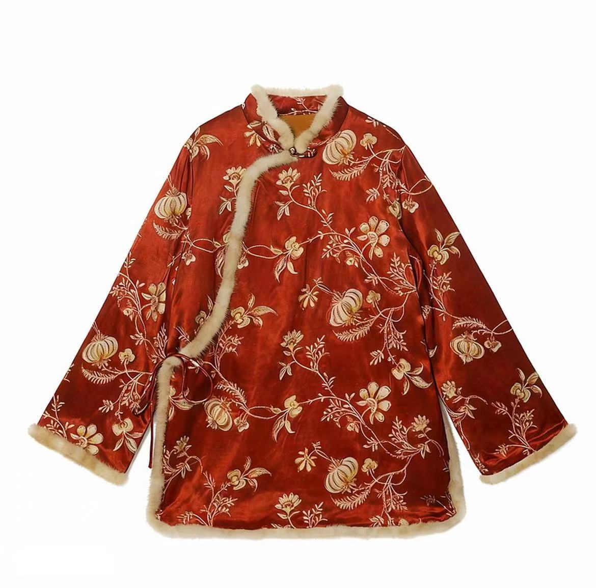 朱樱~新中式国风盘扣丝绒水貂毛冬季气质保暖短上衣JS14