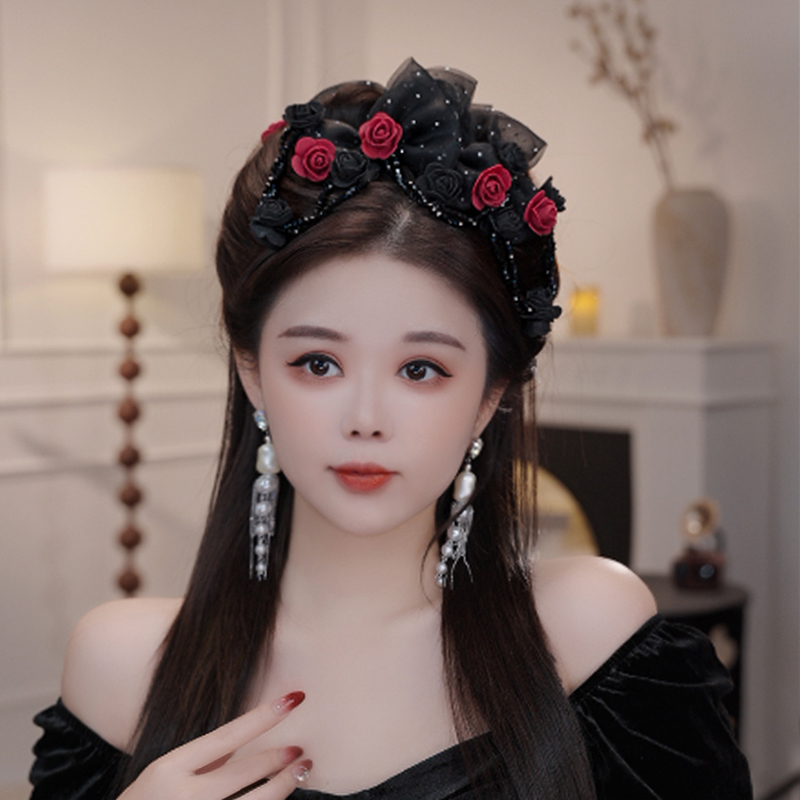 卡门玫瑰鲨鱼夹黑红色花朵流苏新款洋气减龄复古秋冬后脑勺抓夹女
