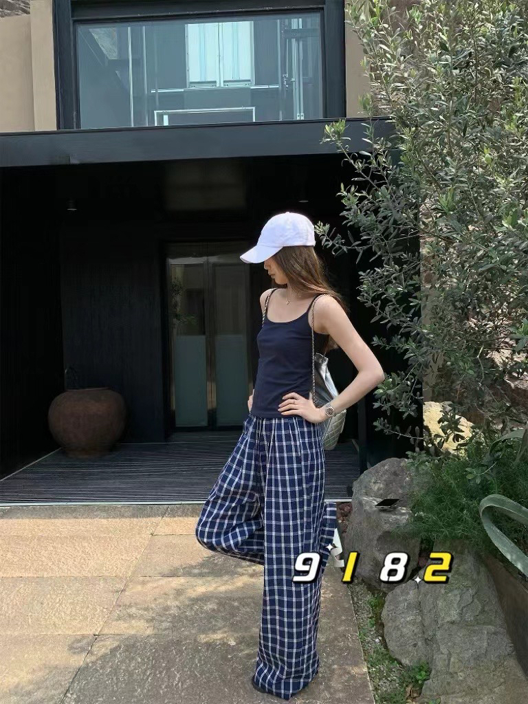 夏季新款高9182腰垂感格子阔腿裤女宽松显瘦休闲拖地长裤