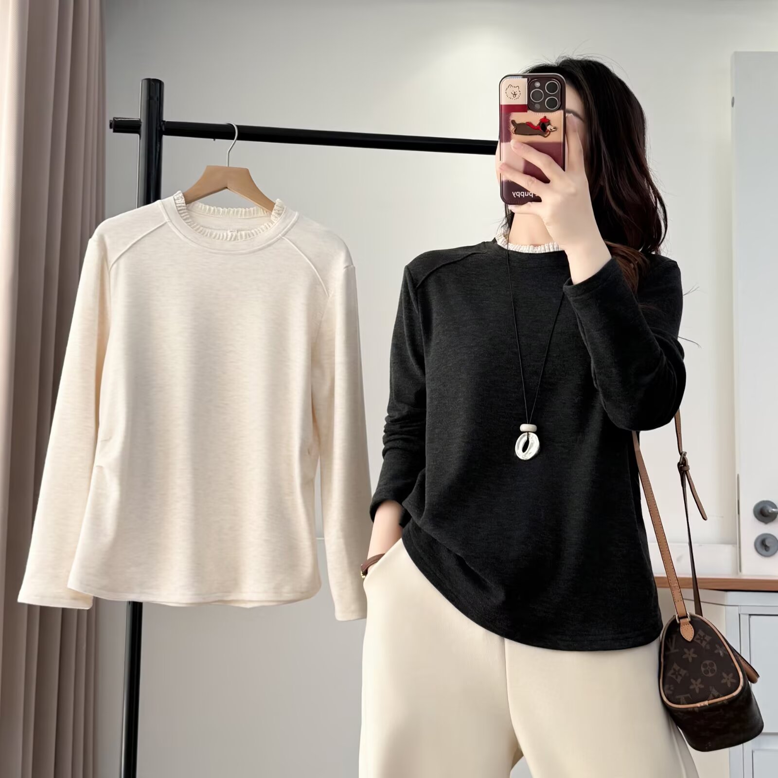 燕子微胖大码秋冬新款慕斯绒打底休闲显瘦女士长袖宽松保暖内搭