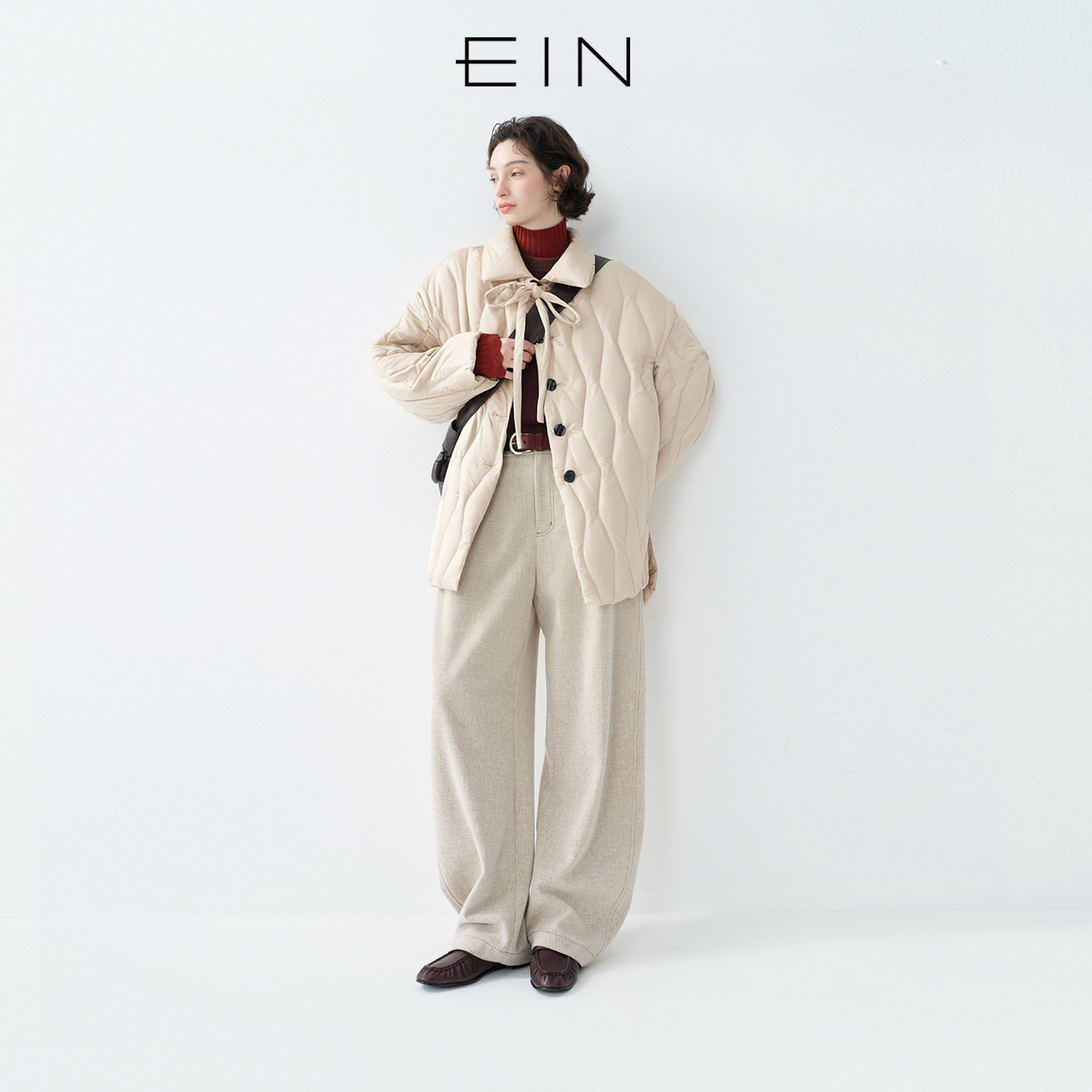 【巴恩风】蝴蝶结系带撞色贝壳扣中长款夹克羽绒服WF0602D49