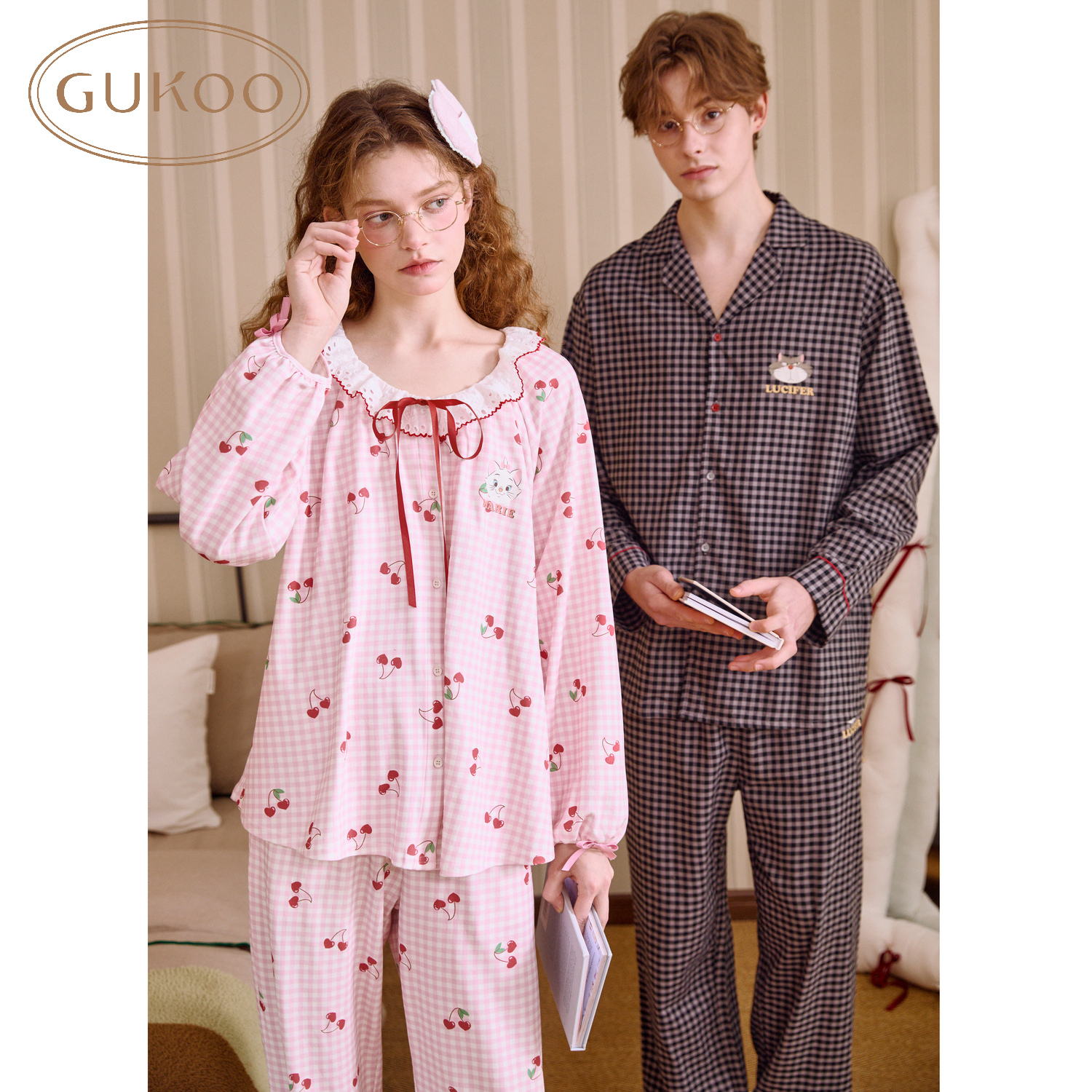 Gukoo/果壳迪士尼联名玛丽猫纯棉格纹男女春秋睡衣情侣款家居服