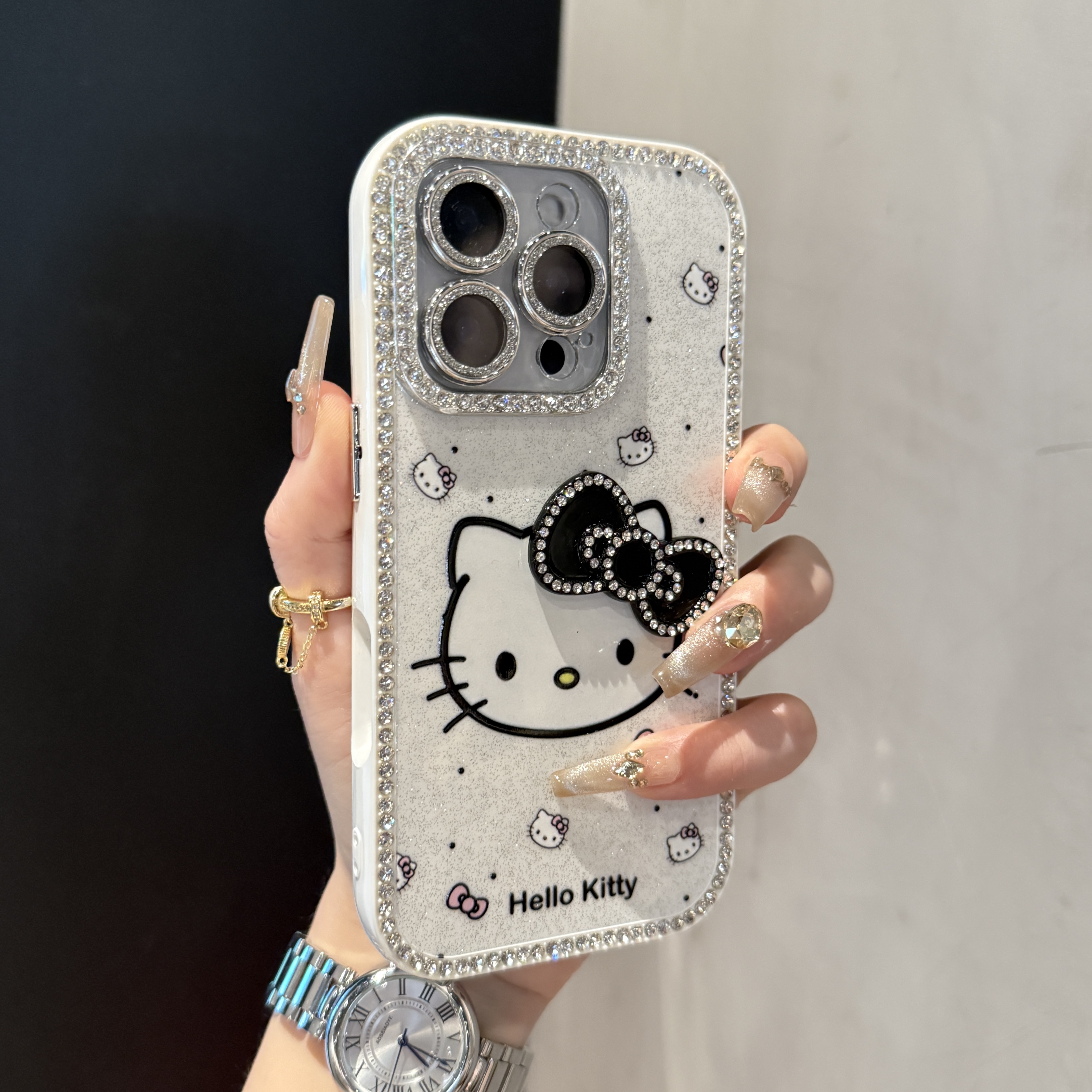 全包边镶钻闪粉蝴蝶结KT猫适用iPhone16promax手机壳15promax新款
