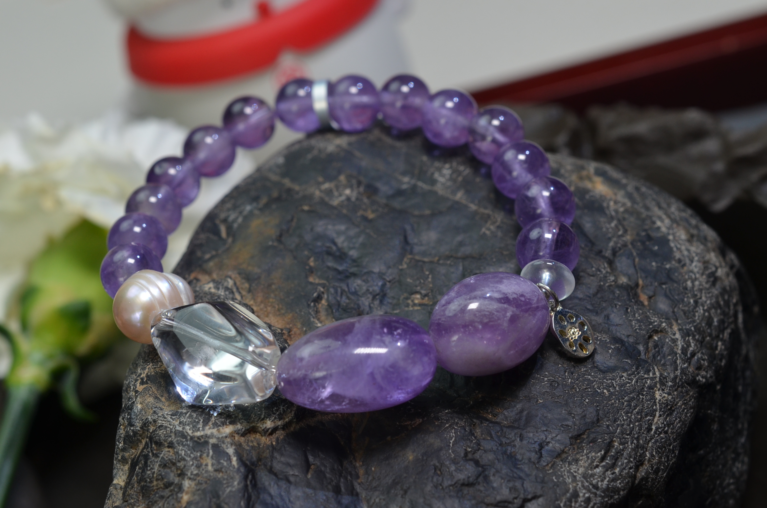 48【九紫离火】天然紫水晶手链 +白水晶珍珠转运珠大手串 约15*20MM