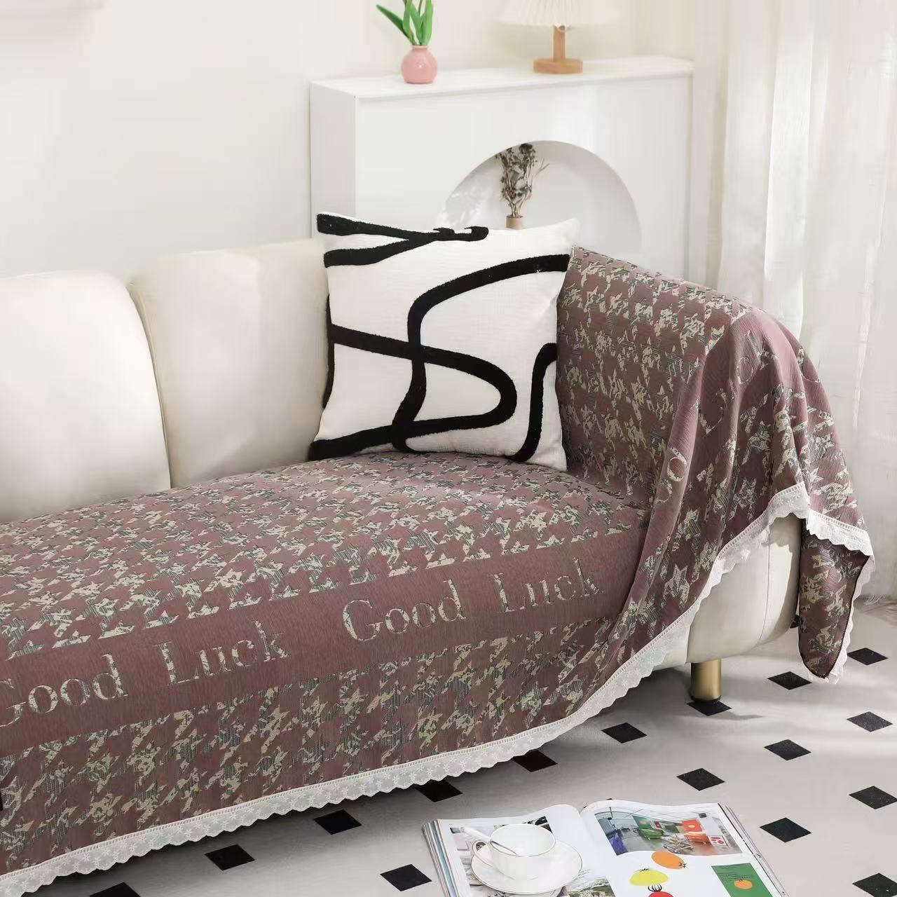 M【千禧格-咖】90*210CM高端雪尼尔汉麻沙发巾沙发垫亲肤透气可机洗