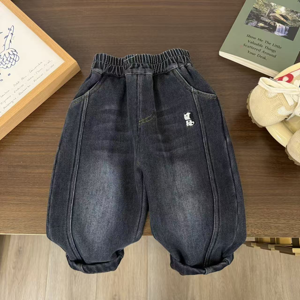 儿童秋冬刺绣小狗加绒牛仔裤H2557