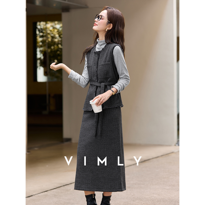 梵希蔓花灰色套装女冬季高领打底圆领马甲直筒半裙三件套A2905