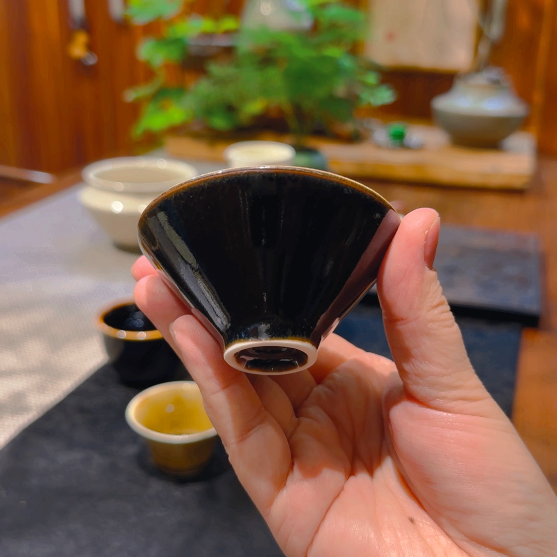 微澜定瓷 黑定窑变斗笠盏60cc