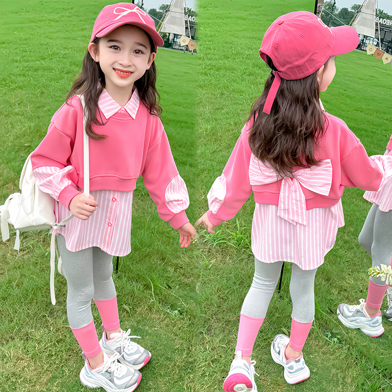 【好甜好乖呀】女童春装套装2025新款儿童假两件衬衫宝宝春秋两件套