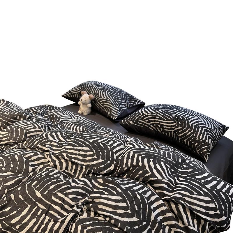 ins风色织水洗棉提花黑色四件套1.5m1.8米公寓全纯棉床单被套