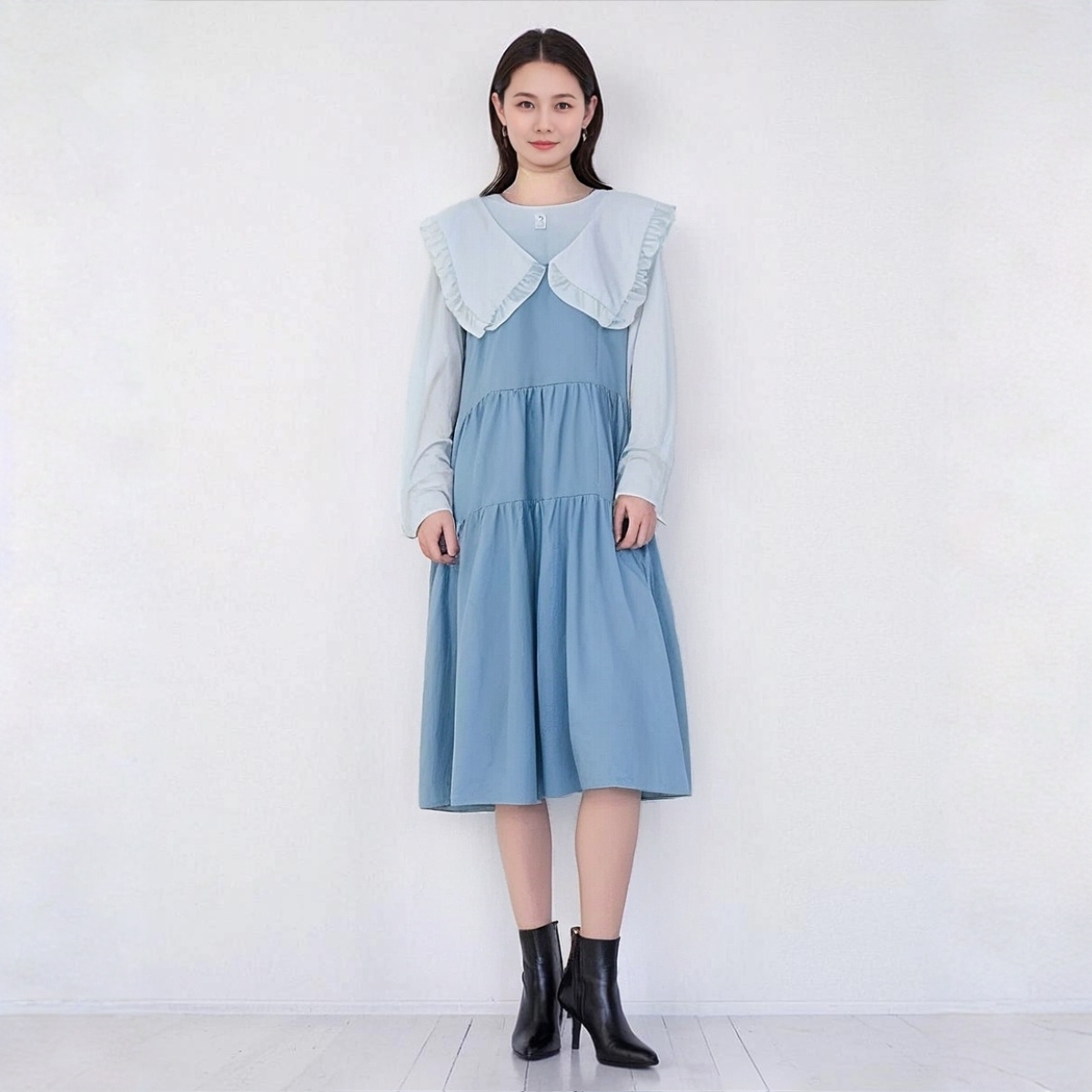 764#768系扣减龄秋季抹胸款春季刺绣正肩袖海军连衣裙娃娃领