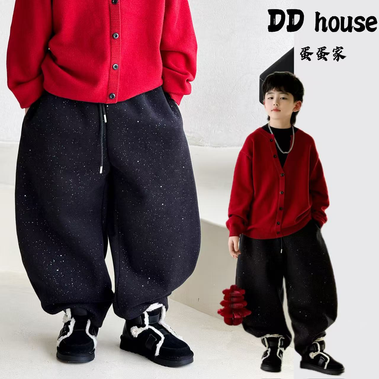 蛋蛋家【满天星】25542冬季新款黑色撒银满天星加绒休闲裤