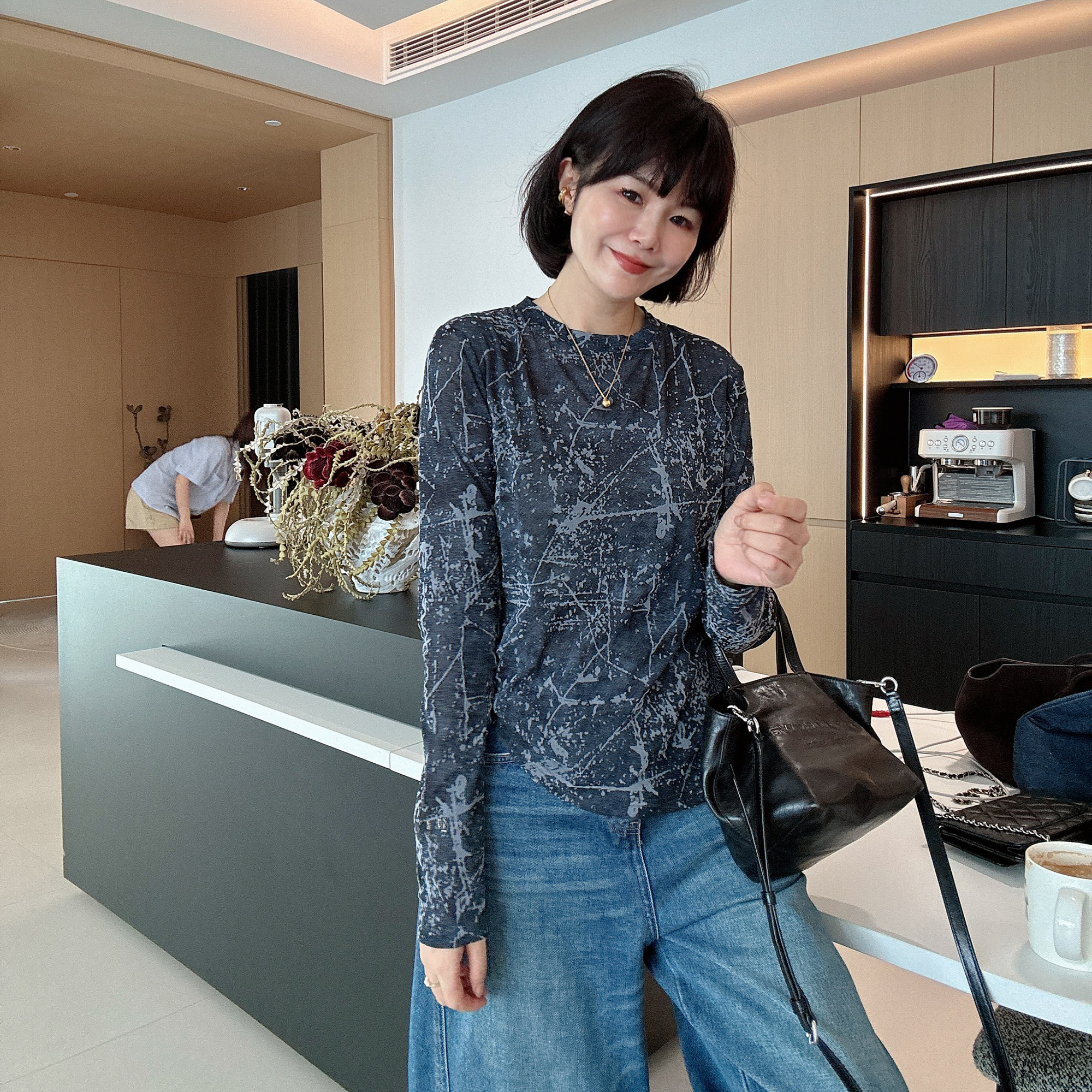 秋季圆领韩版百搭晕染长袖修身显瘦T恤打底衫