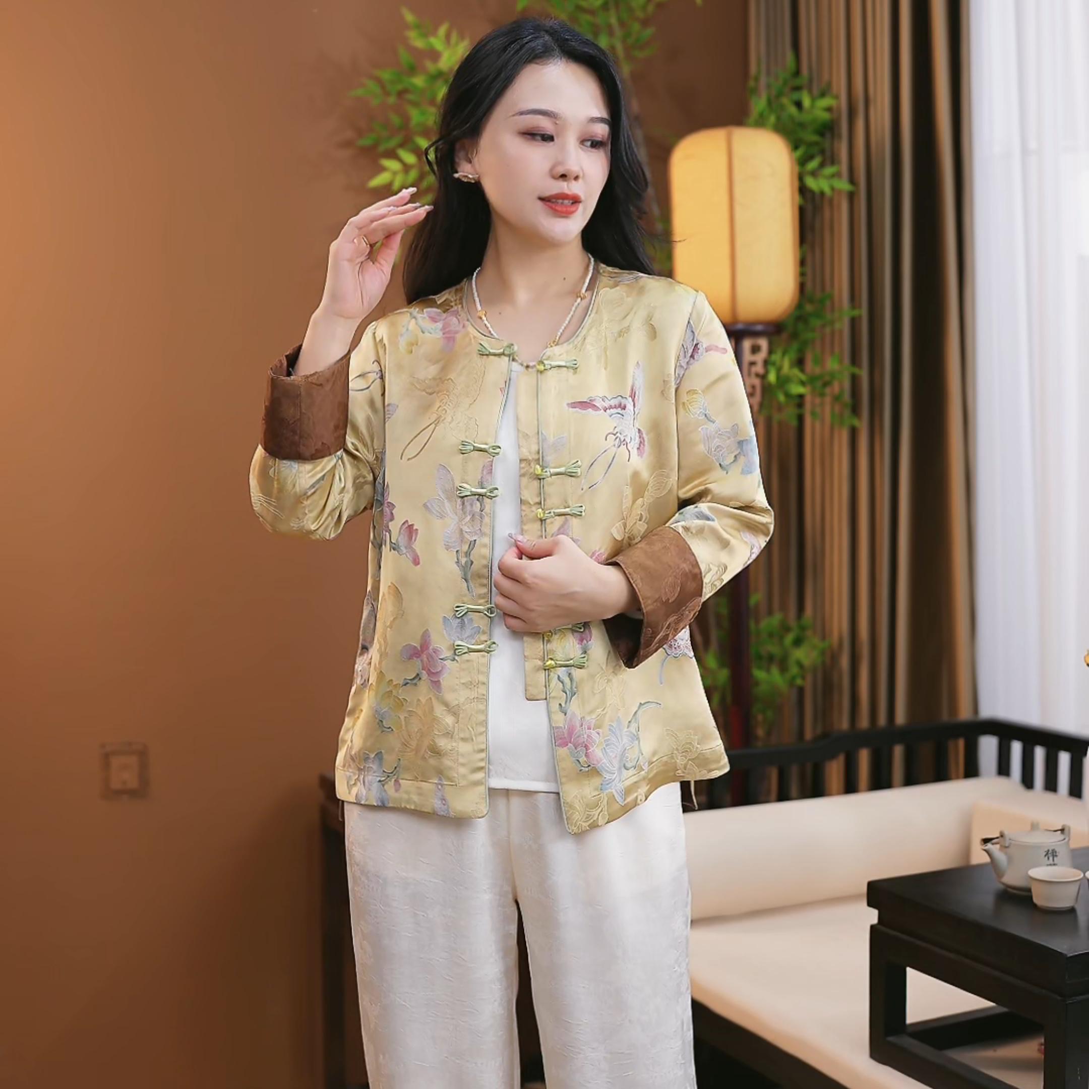 新中式桑蚕丝衬衫印染夏季复古中国风百搭长袖薄款外套S029