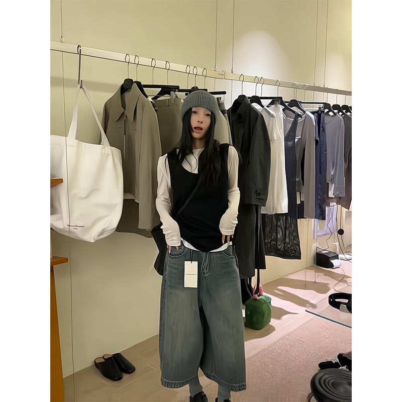 【现货秒发】早秋休闲高级感马甲背心叠穿t恤女无袖牛仔九分阔腿裤