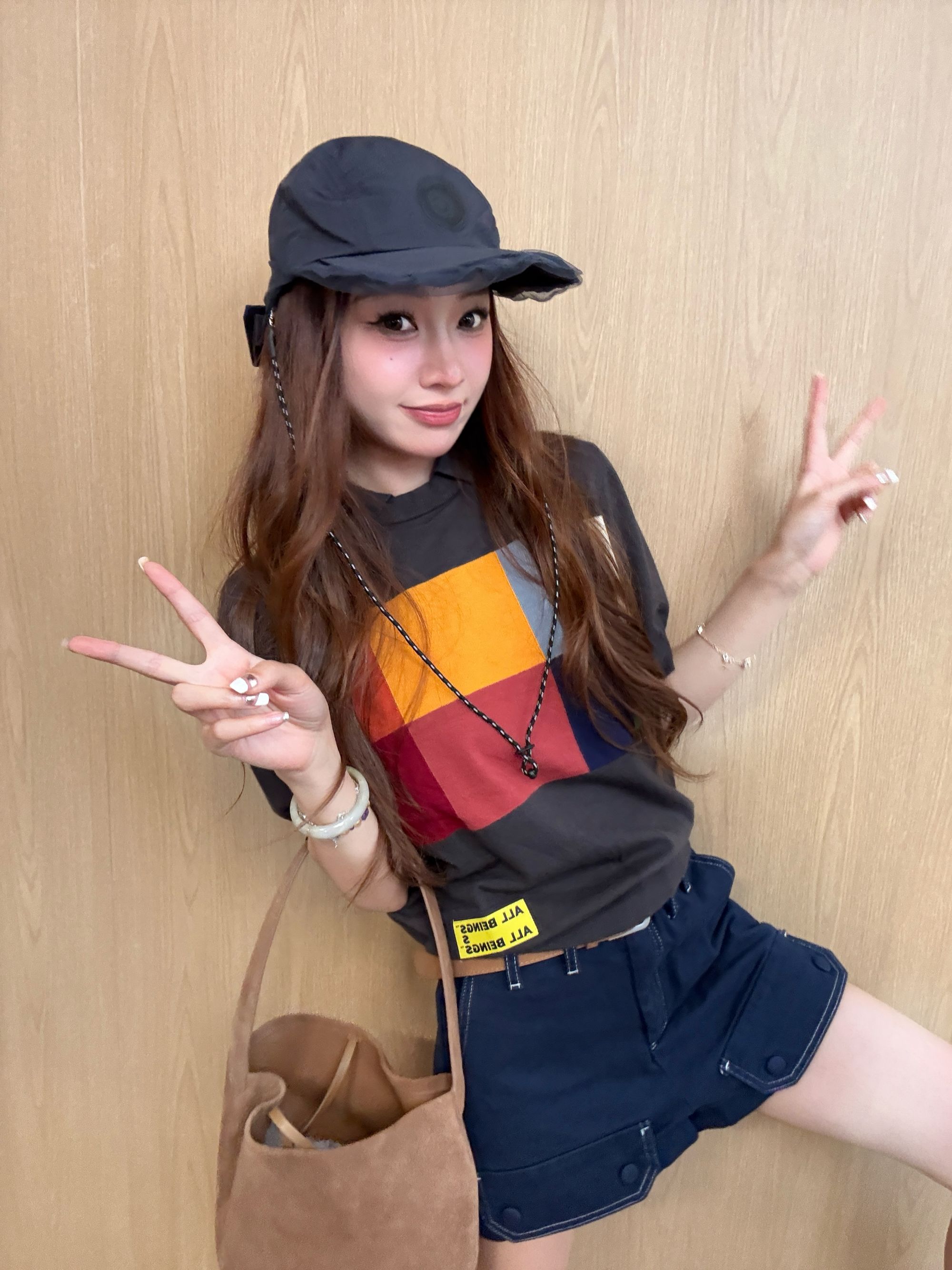 「彩块逸趣」四四大王夏季新款小众女装彩格拼色POLO领短袖女t恤