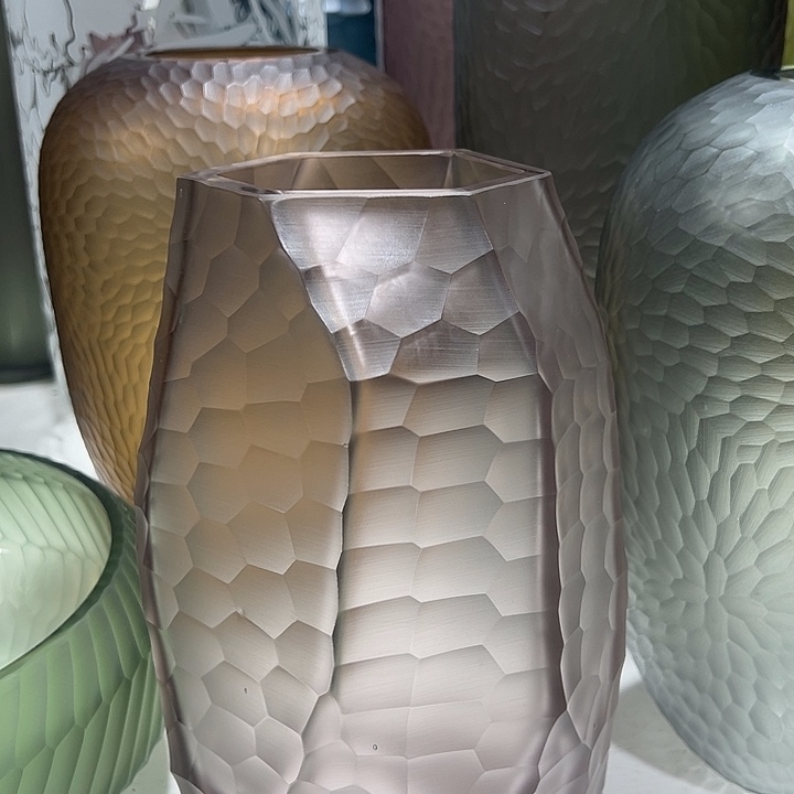 琉璃手工艺品紫粉色磨刻花瓶花器高28口10