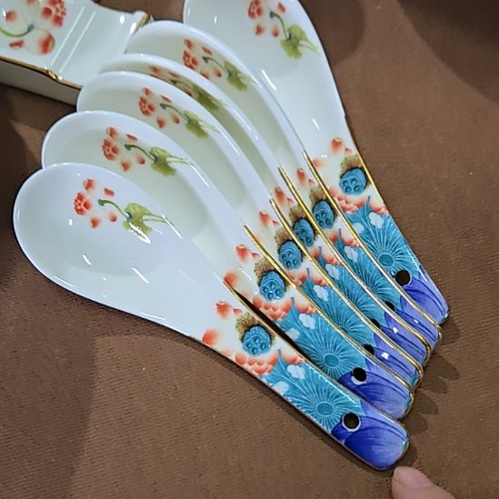 瓷片珐琅彩荷塘小勺6个666666