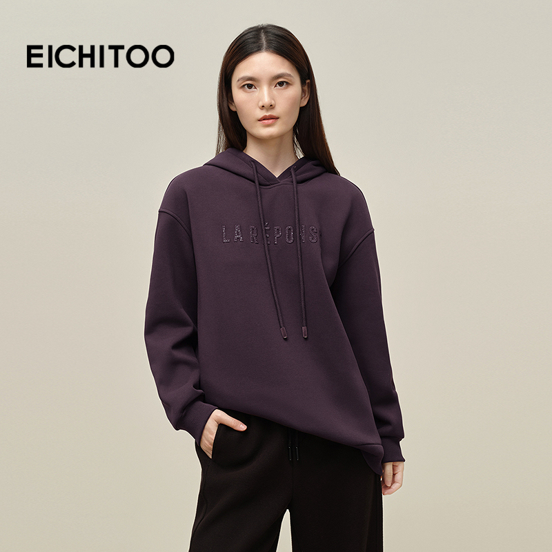 爱居兔连帽卫衣女冬季新款宽松显瘦字母绣花正肩加绒保暖休闲长袖