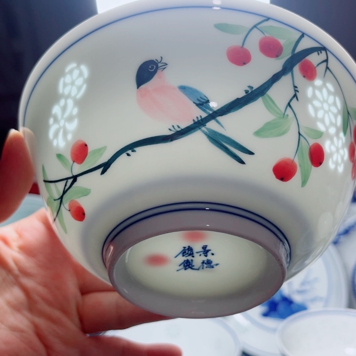青花玲珑6寸面碗手绘花鸟