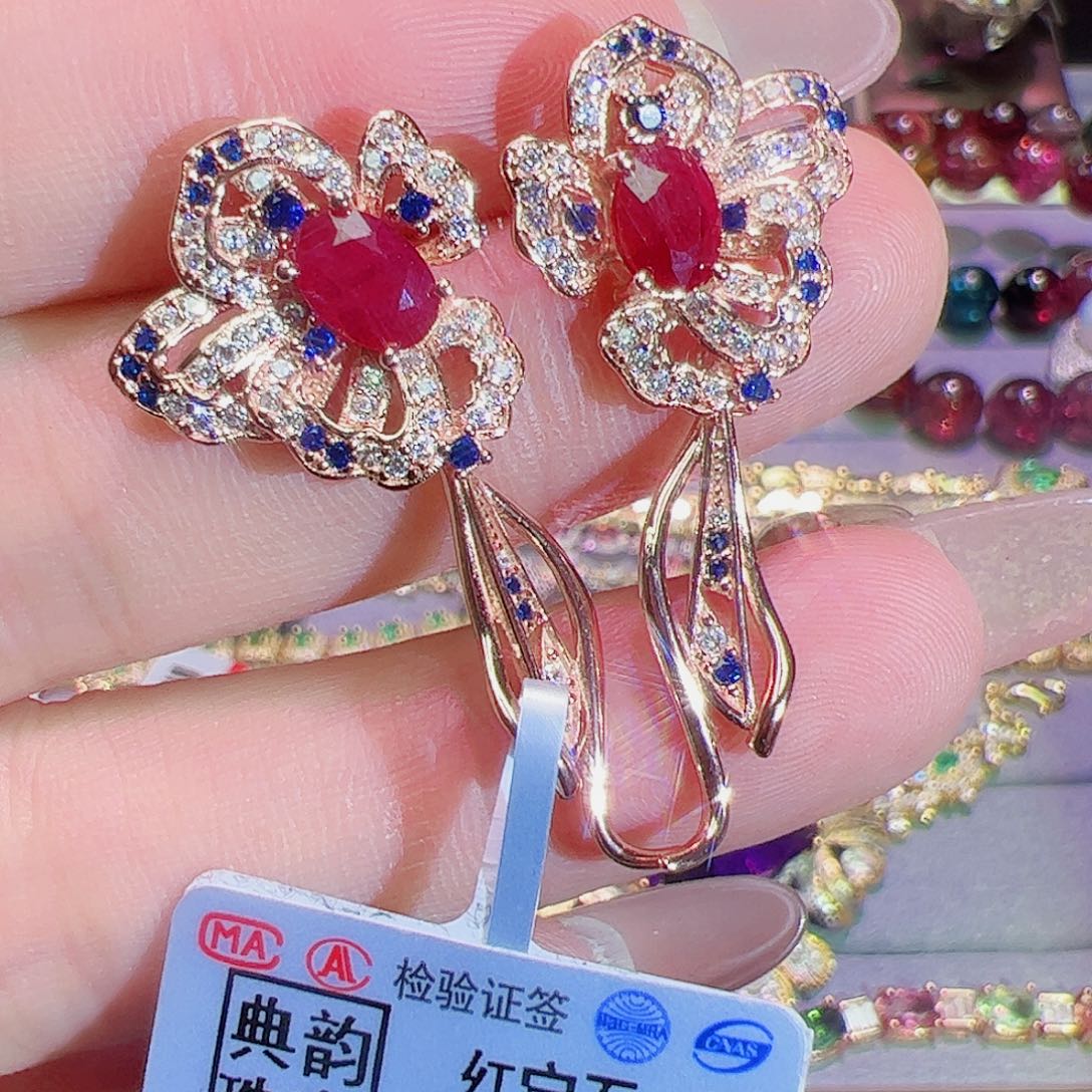 红宝石耳钉银S925镶嵌