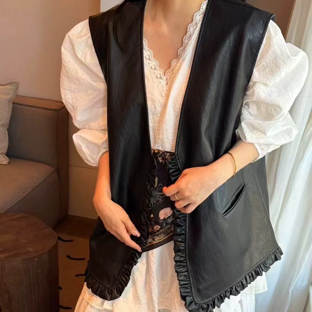 高端欧货木耳边设计中长款皮衣马甲女2025秋新款宽松显瘦无袖上衣