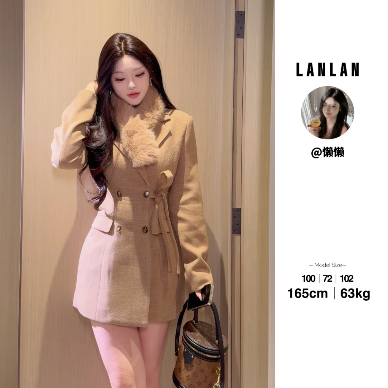 Lanlan-【未开价】秋冬新款毛领毛呢外套收腰显瘦保暖时尚连衣裙