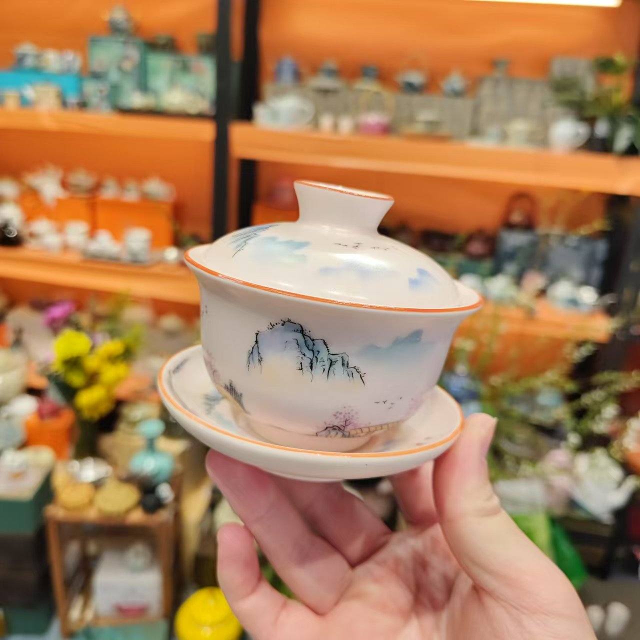 茶具 粉色汝窑粉黛佳人山水人家三才盖碗泡茶盖碗-5179（直播