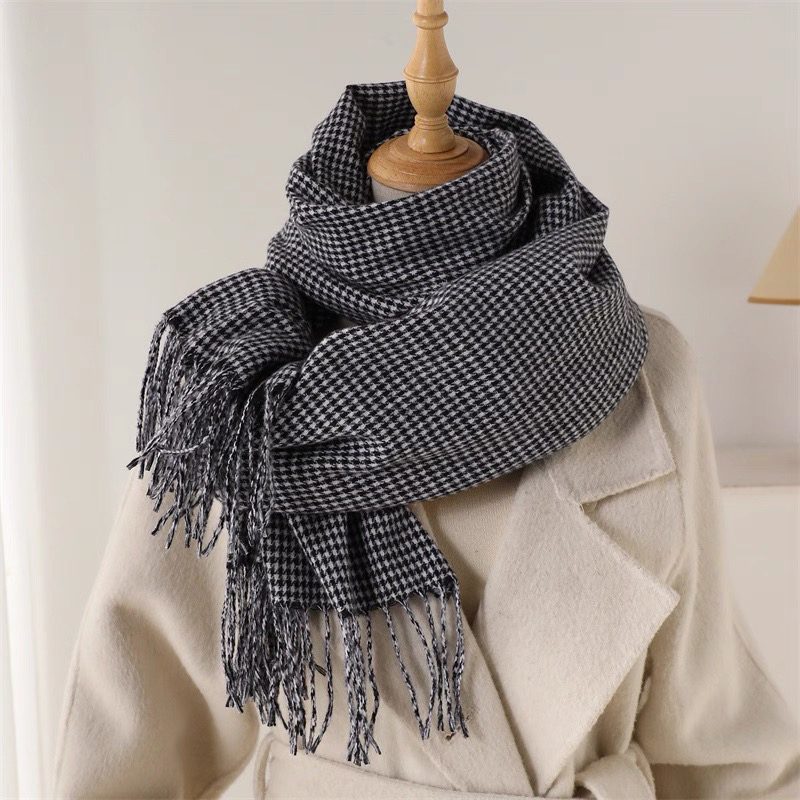 【甲木穿搭】新款羊绒千鸟格流苏围巾加厚双面