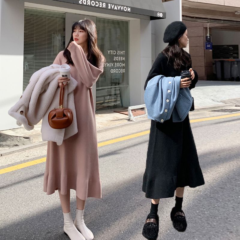 大码女装秋季新款荷叶边连衣裙中长裙简约风宽松腰胖MM毛裙9800