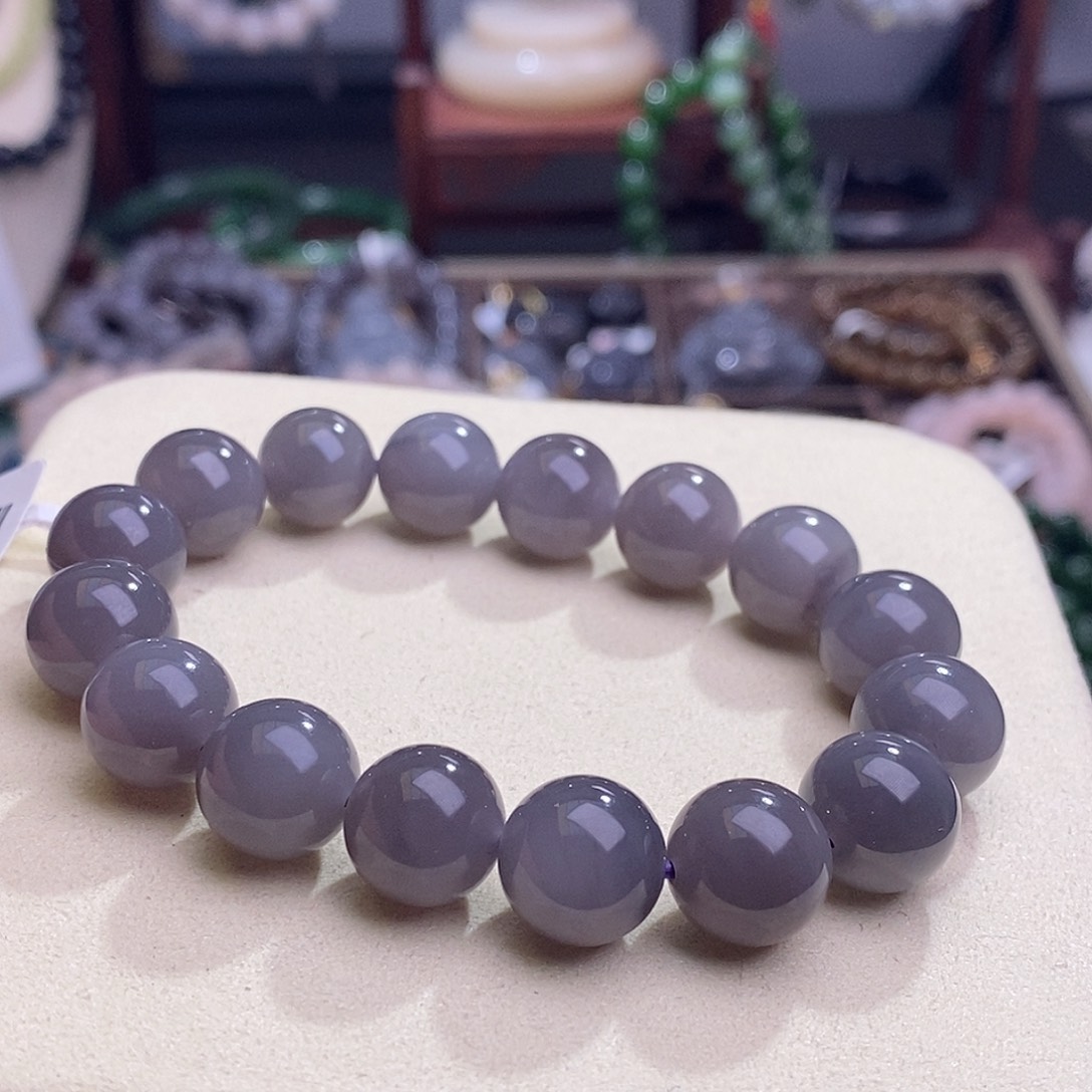 和田玉收藏级烟紫高冰老矿料浓紫圆珠手串12未镶嵌