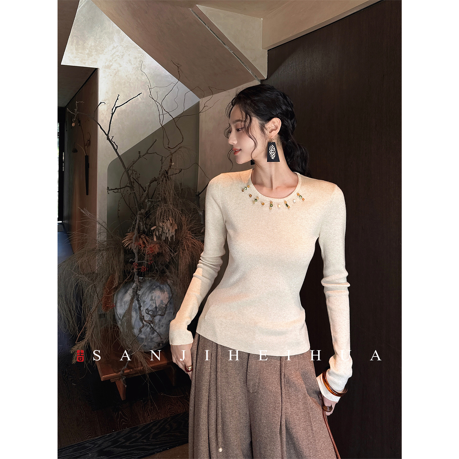 三吉黑花【木花影】新中式钉珠织金羊毛针织衫内搭女上衣打底衫潮