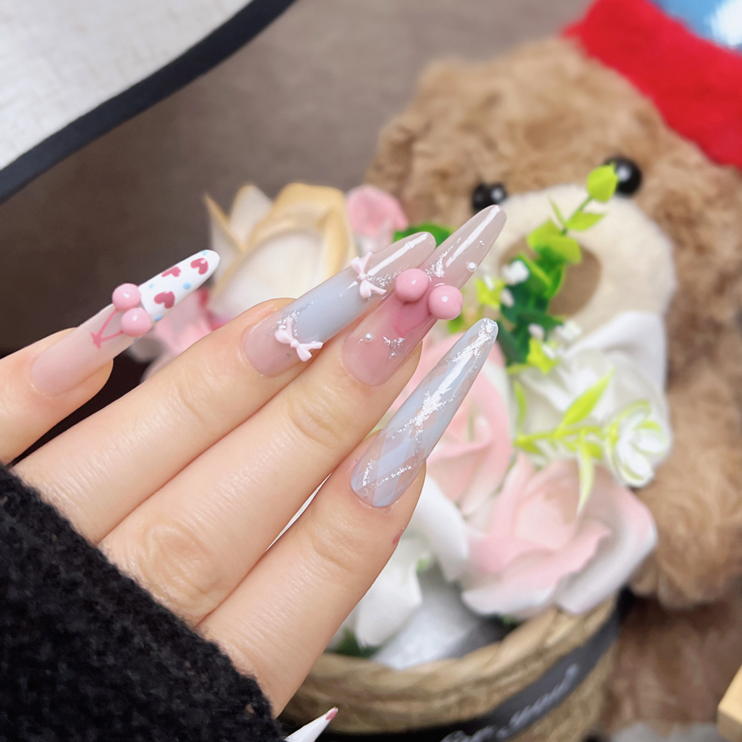 甜心樱桃法式温柔风纯手工穿戴甲蕾丝蝴蝶结显白立体可拆卸美甲