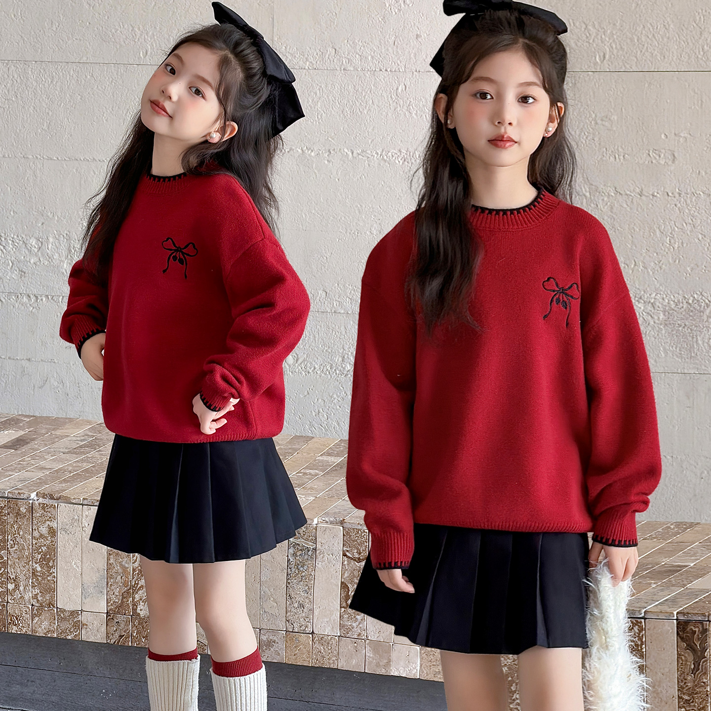 女童年款红色毛衣中大童过年喜庆套头毛线衣5-13岁甜美洋气针织衫