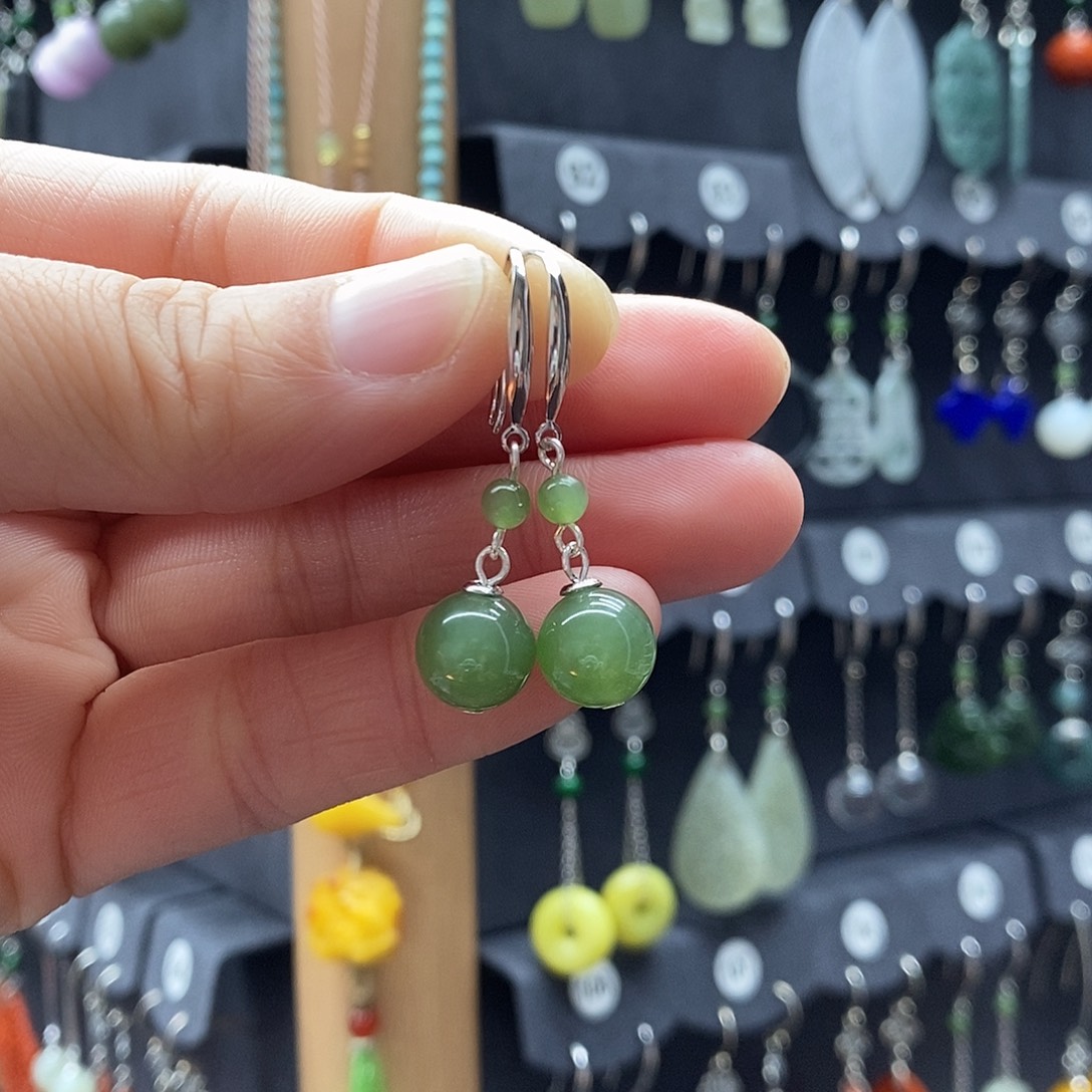 老***仙和田玉银S925镶嵌耳饰